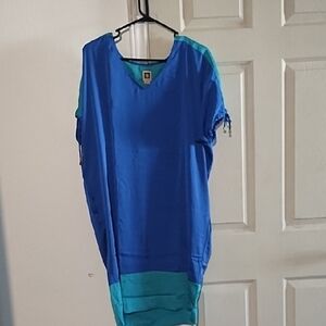 Anne KleinBlue and Teal V-Neck Dress